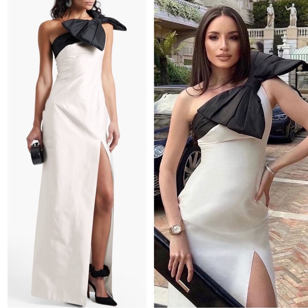 RASARIO One Shoulder Bow Embellished Silk Satin Black and White Maxi Gown Sz 10